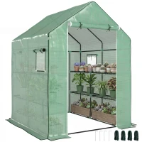 Outsunny 4.6' x 4.7' x 6.2' Walk-in Greenhouse with 3 Tier 8 Shelves, Outdoor Green House with Reinforced PE Cover, Garden Plant Grow Hot House Roll-up Door and Mesh Windows, Green(m-9)