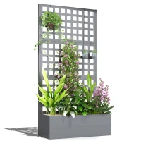Outsunny Galvanized Raised Garden Bed Planter Box with Trellis for Climbing Plant, Vegetable, Vine, 35"x16"x70" Grey Wood Effect(m-9)
