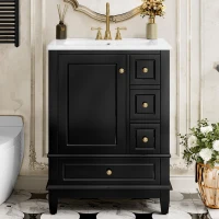 Spacious Bathroom Vanity with 3 Drawers and One-Door Cabinet, Freestanding Cabinet for Small Bathrooms, 24" L x 18.5" W x 34" H, Black(m-9)
