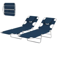 Outsunny 2 Tanning Chairs with Face Hole, 5-Level Adjustable Outdoor Chaise Lounge Chair with Pillow for Beach, Pool, Dark Blue(m-1)