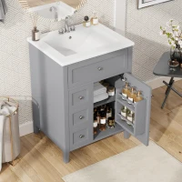 Sleek Bathroom Vanity with Tip-Out Top Drawer and 3 Pull-Out Drawers, Stylish Cabinet with Freestanding Design, 24" L x 18.5" W x 34" H, Gray(m-9)