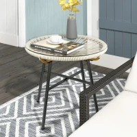 Outsunny Rattan Side Table, Round Outdoor Table, with Round PE Rattan and Tempered Glass Table Top for Patio, Garden, Cream White(m-1)