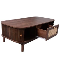 Rattan Coffee Table with Woven Drawers and Unique Sliding Cabinet Doors, Sliding Door Center table with Slatted Base, 43.5'' L x 21.5'' W x 15'' H, Wood(m-10)