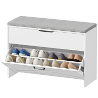 HOMCOM Shoe Storage Bench with Flip Drawer and Lift Top Storage, Entryway Bench with Seat Cushion for Hallway, White(m-2)