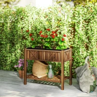 Outsunny Wooden Raised Garden Bed, Elevated Planter Box with Storage Shelf, Drainage Holes and Liner, 34"x18"x30", Carbonized(m-8)