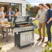 Outsunny 6 Burner Propane Gas Grill with Side Burner, Barbecue Grill with Cast Iron Grates, Wheels, Side Tables, Cabinet(m-10)