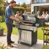 Outsunny 6 Burner Propane Gas Grill with Side Burner, Barbecue Grill with Cast Iron Grates, Wheels, Side Tables, Cabinet(m-2)