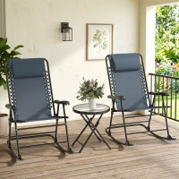 Outsunny 3pc Patio Rocking Chair Set, Folding Outdoor Rocking Chairs and Table Bistro Set w/ Breathable Mesh Seat & Backrest, Headrest for Park, Backyard, Garden, Grey(m-1)