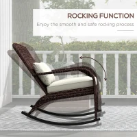 Outsunny Adirondack Chair, Outdoor Wicker Rocking Chair with High Back, Seat Cushion and Pillow for Porch, Balcony, Cream/Brown(m-4)