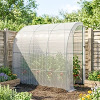 Outsunny 7' x 4' x 7' Outdoor Lean to Greenhouse, Walk-In Green House Plant Nursery with Roll-up Window, PE Cover, White(m-9)