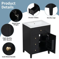 Sleek Bathroom Vanity with Tip-Out Top Drawer and 3 Pull-Out Drawers, Stylish Cabinet with Freestanding Design, 24" L x 18.5" W x 34" H, Black(m-6)