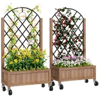 Outsunny Raised Garden Bed with Metal Trellis, Elevated Planter Box with Wheels and Drainage Holes, 20.5" x 9.8" x 38.2", Brown(m-9)