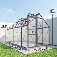 Outsunny 6' x 12' x 6.5' Polycarbonate Greenhouse, Walk-in Green House with Aluminum Frame Adjustable Roof Vent Galvanized Base Sliding Door Rain Gutter for Outdoor Garden, Grey(m-3)