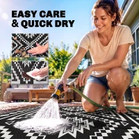 Outsunny Reversible Outdoor Rug, Waterproof Plastic Straw with Carry Bag, 9' x 18', Black & White Square Patchwork(m-5)