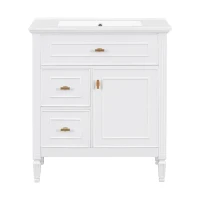 Spacious Vanity with Tip-Out Top Drawer and 2 Left-Side Drawers, Ideal Cabinet for Small-To-Medium Bathrooms, 30" L x 18.5" W x 33.5" H, White(m-2)