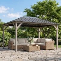 Outsunny 12' x 16' Hardtop Gazebo with Galvanized Steel Roof, UPF50+ Wood Permanent Pavilion with Clear Roof Top, Light Walnut(m-2)