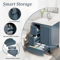 Ample Bathroom Vanity with 2 Upper Drawers and Removable Bottom Drawer, Ideal Cabinet for Small Bathrooms, 24" L x 18.5" W x 34" H, Blue Gray(m-6)