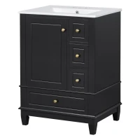 Spacious Bathroom Vanity with 3 Drawers and One-Door Cabinet, Freestanding Cabinet for Small Bathrooms, 24" L x 18.5" W x 34" H, Black(m-14)