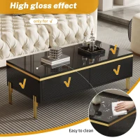Modern High-Gloss Coffee Table with Hidden Dual Drawers, Stain-Resistant Center Table with Metal Legs, 39.5'' L x 19.5'' W x 14'' H, Black(m-6)