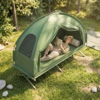 Outsunny Compact Pop Up Portable Folding Outdoor Elevated Camping Cot Tent Combo Set Dark Green(m-10)