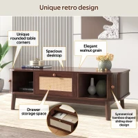 Rattan Coffee Table with Woven Drawers and Unique Sliding Cabinet Doors, Sliding Door Center table with Slatted Base, 43.5'' L x 21.5'' W x 15'' H, Wood(m-5)