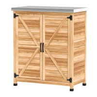 Outsunny Garden Storage Cabinet, Outdoor Potting Bench Table with Metal Tabletop, Shelf and Double Doors, Natural(m-2)
