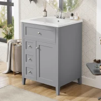 Sleek Bathroom Vanity with Tip-Out Top Drawer and 3 Pull-Out Drawers, Stylish Cabinet with Freestanding Design, 24" L x 18.5" W x 34" H, Gray(m-1)