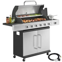 Outsunny 6 Burner Propane Gas Grill with Side Burner, Barbecue Grill with Cast Iron Grates, Wheels, Side Tables, Cabinet(m-11)