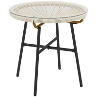 Outsunny Rattan Side Table, Round Outdoor Table, with Round PE Rattan and Tempered Glass Table Top for Patio, Garden, Cream White(m-9)
