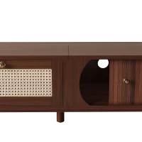 Rattan TV Cabinet with MDF Body and Solid Wood Legs, Bamboo Slat TV Stand with Sliding Door, 67'' L x 15.5'' W x 15'' H, Wood(m-11)