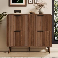 Modern Shoe Cabinet with Solid Tapered Wood Legs, Walnut Shoe Organizer with Double-Tier Storage, 41.5'' L x 9.5'' W x 36'' H, Walnut(m-8)