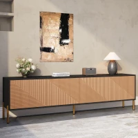 Modern TV Cabinet with Spacious Fully Enclosed Media Storage, Handle-Free 4-Door TV Stand with Slim Metal Legs, 70.5'' L x 14'' W x 21'' H, Black(m-1)