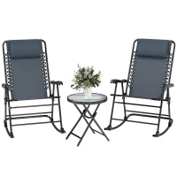 Outsunny 3pc Patio Rocking Chair Set, Folding Outdoor Rocking Chairs and Table Bistro Set w/ Breathable Mesh Seat & Backrest, Headrest for Park, Backyard, Garden, Grey(m-2)