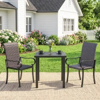 Outsunny Set of 2 Outdoor Wicker Dining Chairs with Armrest, Steel Frame, High Back and Deep Seating, Brown(m-9)