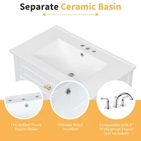 Spacious Vanity with Tip-Out Top Drawer and 2 Left-Side Drawers, Ideal Cabinet for Small-To-Medium Bathrooms, 30" L x 18.5" W x 33.5" H, White(m-7)