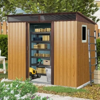 Outdoor Metal Storage Shed with Vents and Metal Foundation Frame, Spacious Weatherproof Steel Tool Room with Window, 93.5'' L x 68.5'' W x 77'' H, Coffee(m-8)