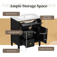 Spacious Vanity with Tip-Out Top Drawer and 2 Left-Side Drawers, Ideal Cabinet for Small-To-Medium Bathrooms, 30" L x 18.5" W x 33.5" H, Black(m-6)