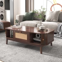 Rattan Coffee Table with Woven Drawers and Unique Sliding Cabinet Doors, Sliding Door Center table with Slatted Base, 43.5'' L x 21.5'' W x 15'' H, Wood(m-7)