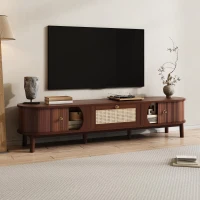 Rattan TV Cabinet with MDF Body and Solid Wood Legs, Bamboo Slat TV Stand with Sliding Door, 67'' L x 15.5'' W x 15'' H, Wood(m-1)