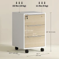 HOMCOM 3 Drawer File Cabinet with Wheels, Vertical Filing Cabinet with Lock, Oak(m-3)