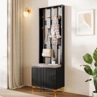 Coat Rack and Shoe Bench Set with Cushioned Seat and Adjustable Shelves, Entry Storage Unit with Wave-Panel Doors, 21.5'' L x 14'' W x 68.5'' H, Black(m-1)