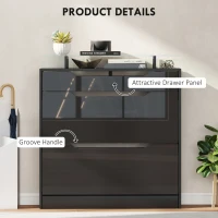 HOMCOM High Gloss Shoe Cabinet with 2 Flip Drawers and Adjustable Shelves, Narrow Shoe Storage Cabinet with Glass Top, Black(m-6)
