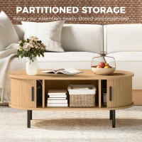 HOMCOM Coffee Table with Sliding Tambour Doors and Storage Center Table with Metal Legs, 39", Natural(m-6)
