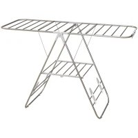 HOMCOM Clothes Drying Rack, 2-Tier Stainless Steel Foldable Laundry Rack with Adjustable Wings and Shoe Holders, Silver(m-2)