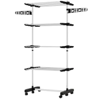 HOMCOM Garment Drying Rack Stainless Steel Folding Clothes Hanging Rack with Side Wings Castors for Indoor Outdoor Black(m-2)