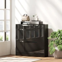 HOMCOM High Gloss Shoe Cabinet with 2 Flip Drawers and Adjustable Shelves, Narrow Shoe Storage Cabinet with Glass Top, Black(m-8)