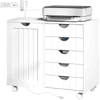 HOMCOM Mobile Lateral Filing Cabinet with 5 Drawers, Printer Stand with Power Outlets and USB Ports for Home Office, White(m-2)