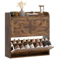 HOMCOM Narrow Shoe Storage Cabinet, Farmhouse Slim Shoe Cabinet with 2 Flip Drawers, Adjustable Shelves, Rustic Brown(m-9)