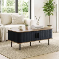 HOMCOM Nordic Side Table with Fluted Tambour Sliding Doors and Steel Legs, Coffee Table with Storage for Living Room, Black(m-8)