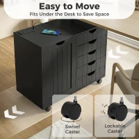 HOMCOM Mobile Lateral Filing Cabinet with 5 Drawers, Printer Stand with Power Outlets and USB Ports for Home Office, Black(m-7)